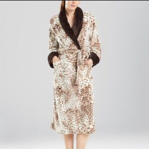 Natori Cream & Brown Snow Leopard Print Cozy Long Robe Size Large ~ EUC